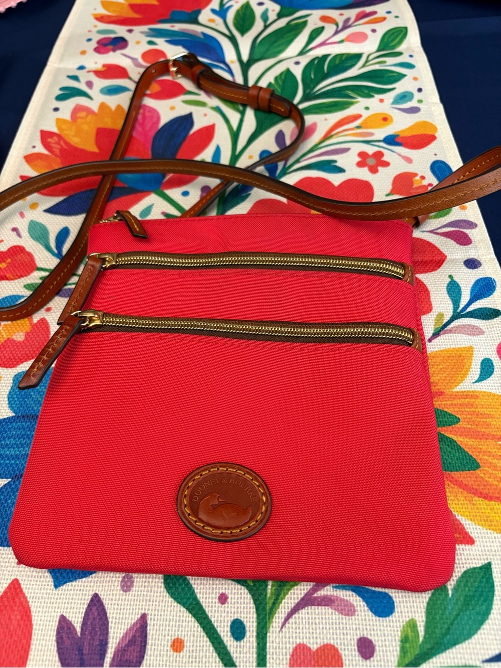 Dooney & Bourke Red Crossbody with Brown Leather Trim and Gold Zippers